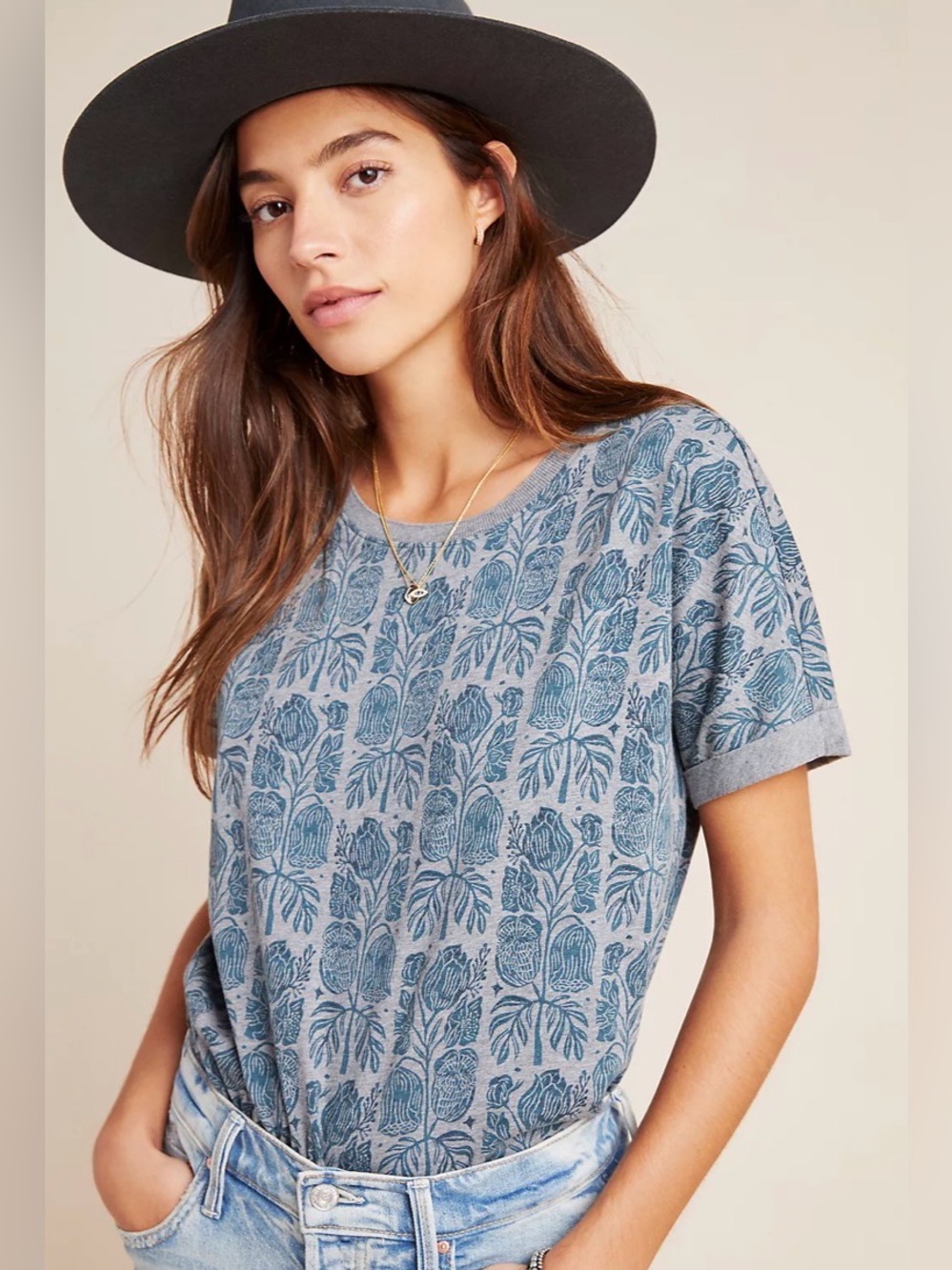Anthropologie size M cropped tee shirt Bloomingprint floral botanical cuffs